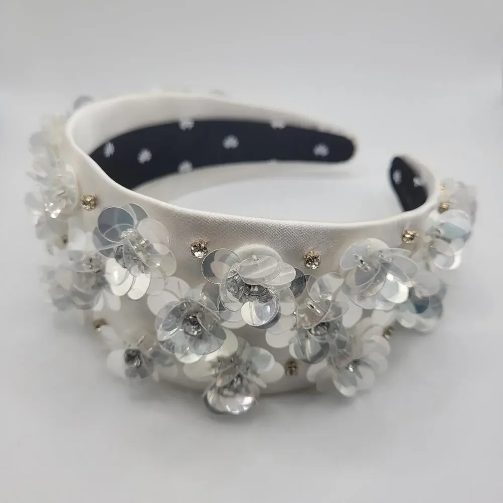 Lele Sadoughi Headband Brigitte Paillette Floral Crystal Wide Dove White NEW